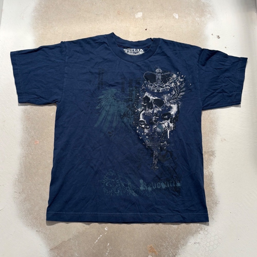 Helix Mens Navy Blue Skull Crown Graphic T-Shirt Y2K Gothic Cross XL